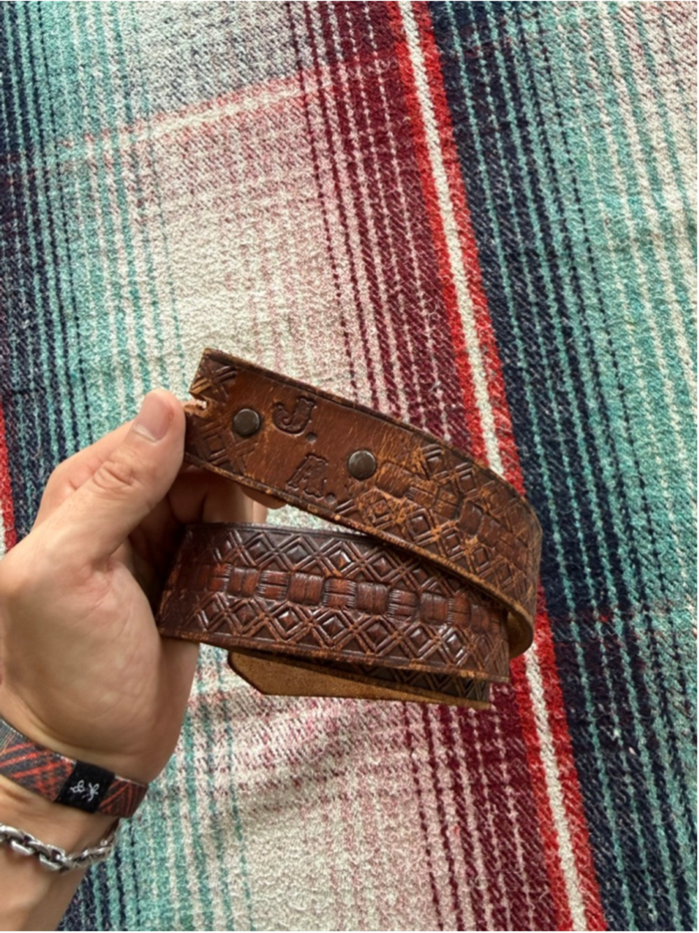 Vintage Tooled Brown Handcrafted Leather Belt Strap 41”